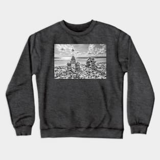 Rock Cairns On Amroth Beach, Wales, Black And White Crewneck Sweatshirt